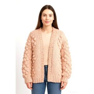 Chicwish Cottage Core Handmade Wool PINK Chunky Knit Sweater Cardigan Pom Pom